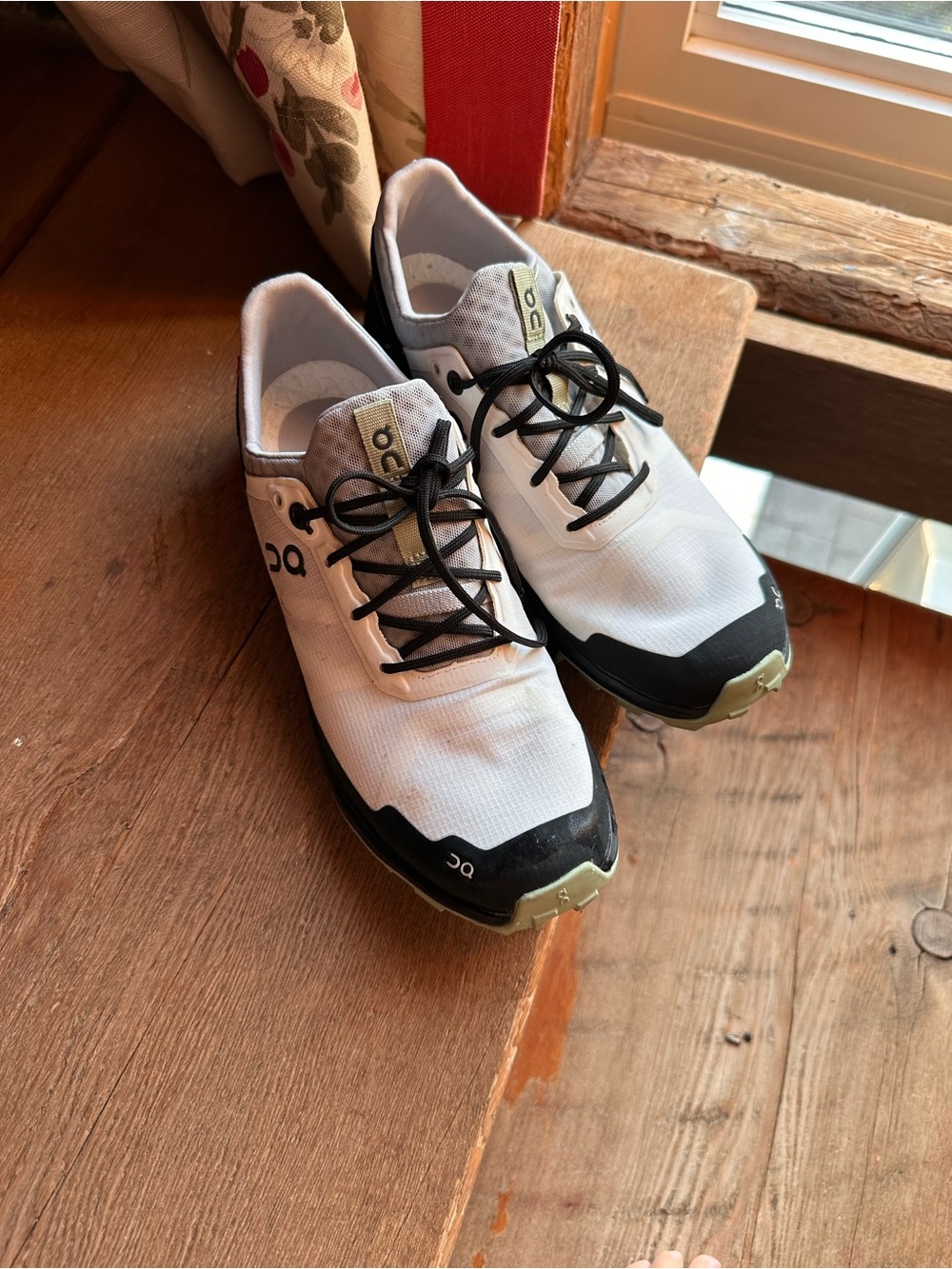 On Running women White Black Trail Sneakers with Olive Accents